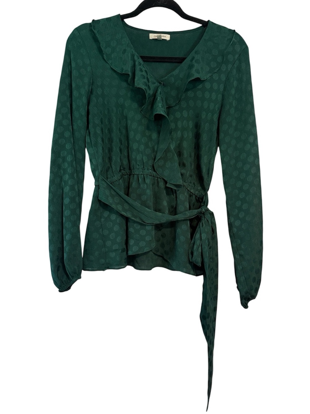 Max Studio Green Polka Dot Long Sleeve Belted Blouse